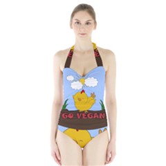 Go Vegan - Cute Chick  Halter Swimsuit by Valentinaart