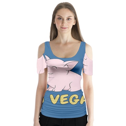 Go Vegan - Cute Pig Butterfly Sleeve Cutout Tee  by Valentinaart