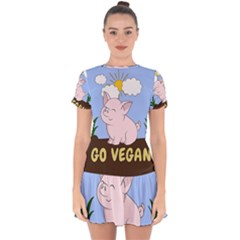 Go Vegan - Cute Pig Drop Hem Mini Chiffon Dress