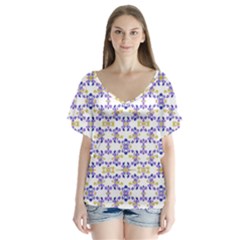 Decorative Ornate Pattern V-neck Flutter Sleeve Top by dflcprints