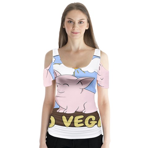 Go Vegan - Cute Pig Butterfly Sleeve Cutout Tee  by Valentinaart