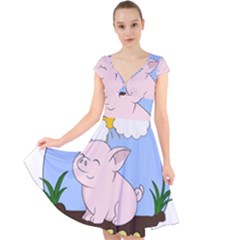 Go Vegan - Cute Pig Cap Sleeve Front Wrap Midi Dress by Valentinaart