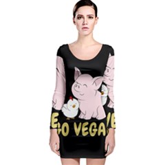 Go Vegan - Cute Pig And Chicken Long Sleeve Bodycon Dress by Valentinaart