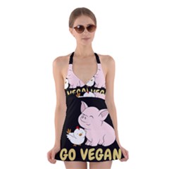 Go Vegan - Cute Pig And Chicken Halter Dress Swimsuit 