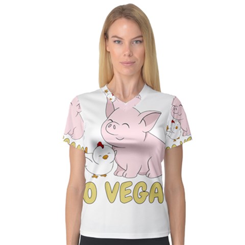 Go Vegan - Cute Pig And Chicken V-neck Sport Mesh Tee by Valentinaart