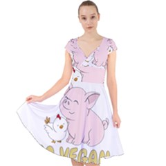 Go Vegan - Cute Pig And Chicken Cap Sleeve Front Wrap Midi Dress