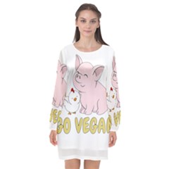 Go Vegan - Cute Pig And Chicken Long Sleeve Chiffon Shift Dress  by Valentinaart