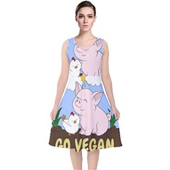 Go Vegan - Cute Pig And Chicken V-neck Midi Sleeveless Dress 