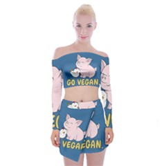 Go Vegan - Cute Pig And Chicken Off Shoulder Top With Mini Skirt Set by Valentinaart