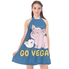 Go Vegan - Cute Pig And Chicken Halter Neckline Chiffon Dress  by Valentinaart