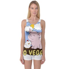 Go Vegan - Cute Pig And Chicken One Piece Boyleg Swimsuit by Valentinaart