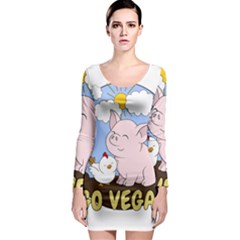 Go Vegan - Cute Pig And Chicken Long Sleeve Bodycon Dress by Valentinaart