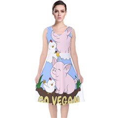 Go Vegan - Cute Pig And Chicken V-neck Midi Sleeveless Dress 