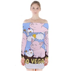 Go Vegan - Cute Pig And Chicken Long Sleeve Off Shoulder Dress by Valentinaart