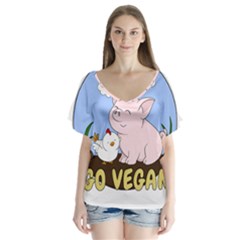 Go Vegan - Cute Pig And Chicken V-neck Flutter Sleeve Top by Valentinaart