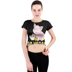 Go Vegan - Cute Pig And Chicken Crew Neck Crop Top by Valentinaart