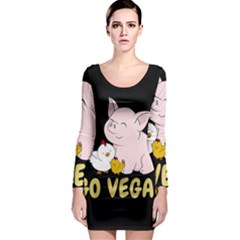 Go Vegan - Cute Pig And Chicken Long Sleeve Bodycon Dress by Valentinaart