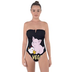 Go Vegan - Cute Pig And Chicken Tie Back One Piece Swimsuit by Valentinaart