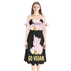 Go Vegan - Cute Pig And Chicken Shoulder Tie Bardot Midi Dress by Valentinaart