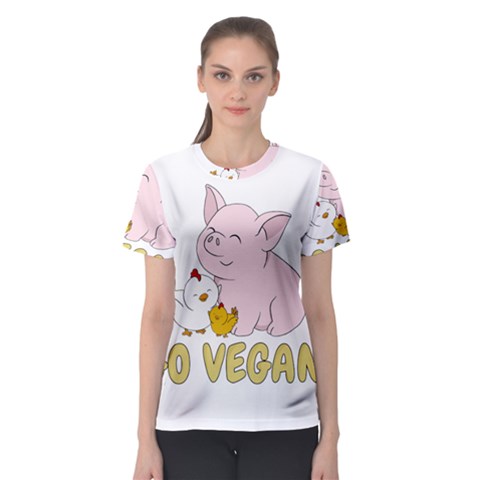 Go Vegan - Cute Pig And Chicken Women s Sport Mesh Tee by Valentinaart