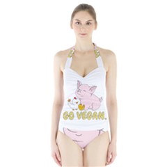 Go Vegan - Cute Pig And Chicken Halter Swimsuit by Valentinaart