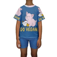 Go Vegan - Cute Pig And Chicken Kids  Short Sleeve Swimwear by Valentinaart