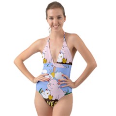 Go Vegan - Cute Pig And Chicken Halter Cut-out One Piece Swimsuit