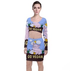 Go Vegan - Cute Pig And Chicken Long Sleeve Crop Top & Bodycon Skirt Set