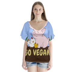 Go Vegan - Cute Pig And Chicken V-neck Flutter Sleeve Top by Valentinaart