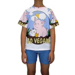 Go Vegan - Cute Pig And Chicken Kids  Short Sleeve Swimwear by Valentinaart