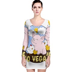 Go Vegan - Cute Pig And Chicken Long Sleeve Bodycon Dress by Valentinaart