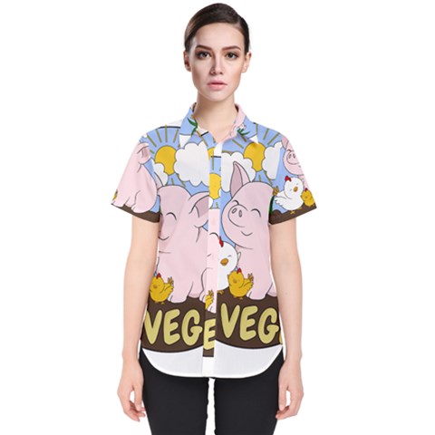 Go Vegan - Cute Pig And Chicken Women s Short Sleeve Shirt by Valentinaart