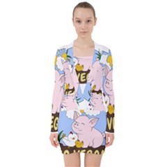 Go Vegan - Cute Pig And Chicken V-neck Bodycon Long Sleeve Dress