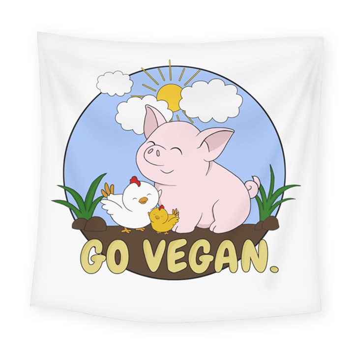 Go Vegan - Cute Pig and Chicken Square Tapestry (Large)