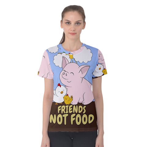 Friends Not Food - Cute Pig And Chicken Women s Cotton Tee by Valentinaart