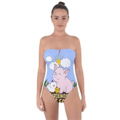 Friends Not Food - Cute Pig And Chicken Tie Back One Piece Swimsuit by Valentinaart