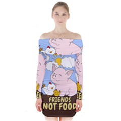 Friends Not Food - Cute Pig And Chicken Long Sleeve Off Shoulder Dress by Valentinaart