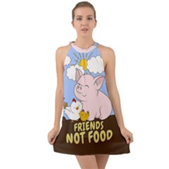 Friends Not Food - Cute Pig And Chicken Halter Tie Back Chiffon Dress