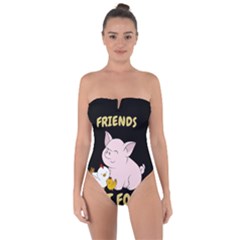 Friends Not Food - Cute Pig And Chicken Tie Back One Piece Swimsuit by Valentinaart