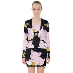 Friends Not Food - Cute Pig And Chicken V-neck Bodycon Long Sleeve Dress