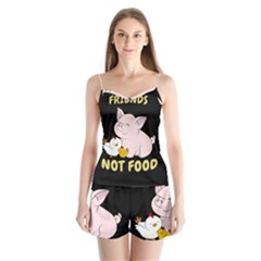 Friends Not Food - Cute Pig And Chicken Satin Pajamas Set by Valentinaart