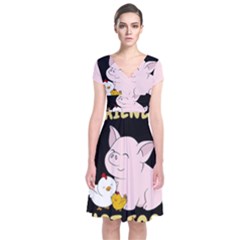 Friends Not Food - Cute Pig And Chicken Short Sleeve Front Wrap Dress by Valentinaart