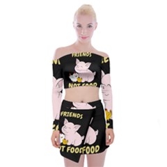 Friends Not Food - Cute Pig And Chicken Off Shoulder Top With Mini Skirt Set by Valentinaart