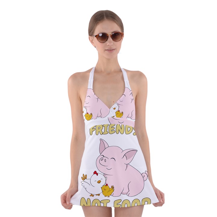 Friends Not Food - Cute Pig and Chicken Halter Dress Swimsuit 