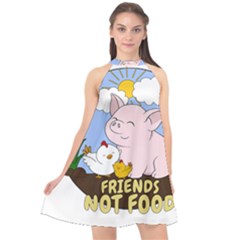 Friends Not Food - Cute Pig And Chicken Halter Neckline Chiffon Dress  by Valentinaart