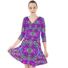 Spring Time In Colors And Decorative Fantasy Bloom Quarter Sleeve Front Wrap Dress	