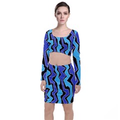 Vertical Blues Polynoise Long Sleeve Crop Top & Bodycon Skirt Set