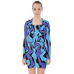 Vertical Blues Polynoise V-neck Bodycon Long Sleeve Dress