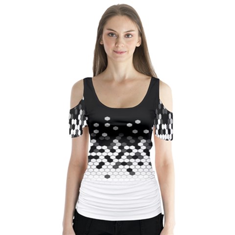 Flat Tech Camouflage Black And White Butterfly Sleeve Cutout Tee  by jumpercat