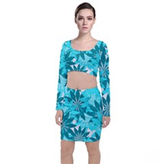 Leaves Pattern Long Sleeve Crop Top & Bodycon Skirt Set